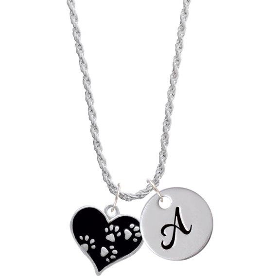Delight Jewelry Black Enamel Heart with Paw Prints Silvertone Script Initial Disc - A - Charm Necklace, 20"+3"