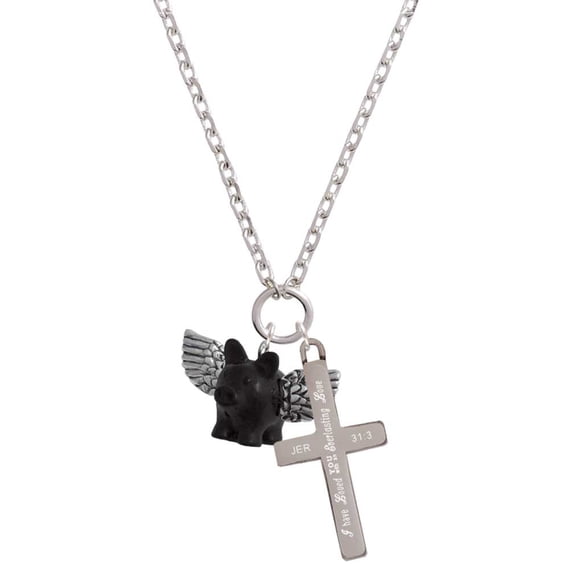 Delight Jewelry Black Flying Pig with Wings Everlasting Love Engraved Cross Zoey Necklace, 28"