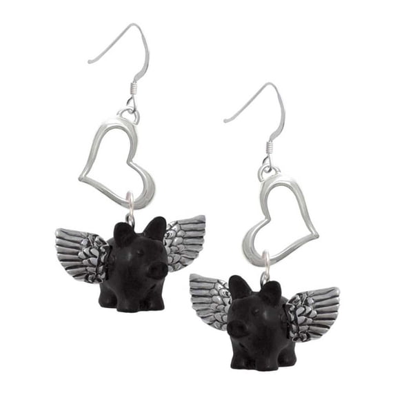 Delight Jewelry Black Flying Pig with Wings Open Heart French Earrings