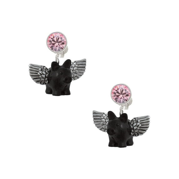 Delight Jewelry Black Flying Pig with Wings Pink Crystal Clip on Earrings