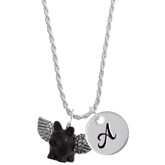 Delight Jewelry Black Flying Pig with Wings Silvertone Script Initial Disc - A - Charm Necklace, 20"+3"