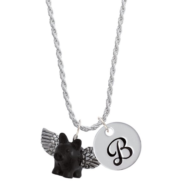 Delight Jewelry Black Flying Pig with Wings Silvertone Script Initial Disc - B - Charm Necklace, 20"+3"