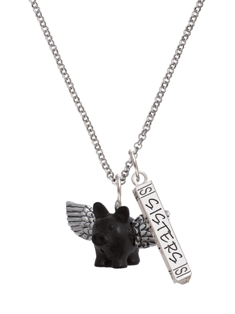 Delight Jewelry Black Flying Pig with Wings Silvertone Sisters Best Friends Forever Bar Charm Necklace, 23"