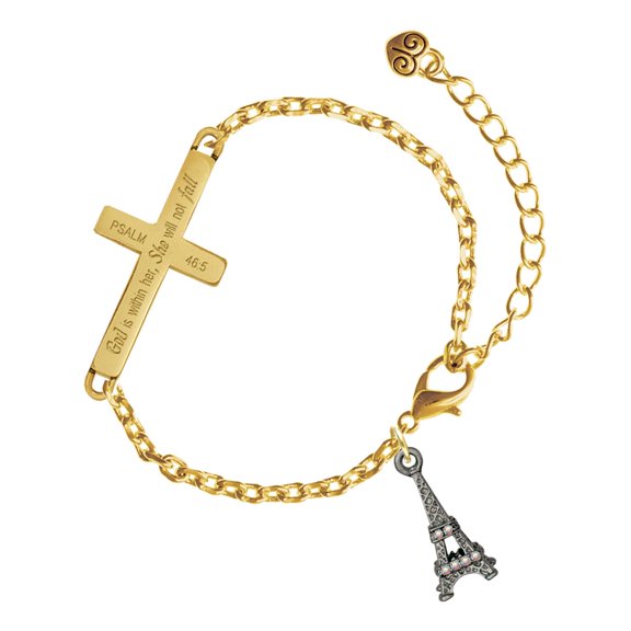 Delight Jewelry Black Nickeltone AB Crystal Eiffel Tower - Gold Tone Psalm 46:5 She will not fall Engraved Cross Charm Bracelet, 6.5+1.5" Extender
