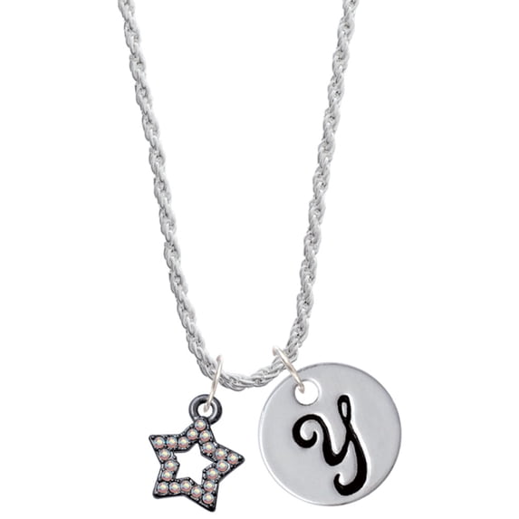 Delight Jewelry Black Nickeltone AB Crystal Lucky Star Silvertone Script Initial Disc - Y - Charm Necklace, 20"+3"