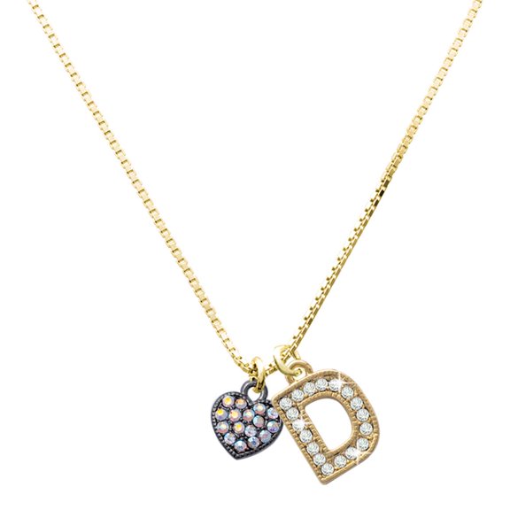 Delight Jewelry Black Nickeltone Clear AB Crystal Heart - Large Goldtone Crystal Initial - D - Charm Necklace, 17.5"+2"