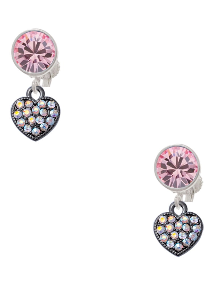 Delight Jewelry Black Nickeltone Clear AB Crystal Heart Pink Crystal Clip on Earrings