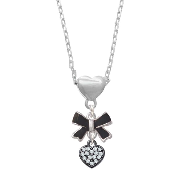Delight Jewelry Black Nickeltone Clear Crystal Heart Black Bow Heart Necklace
