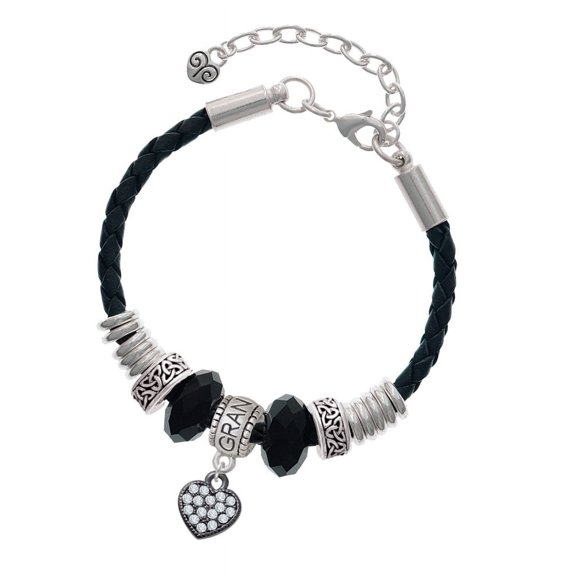 Delight Jewelry Black Nickeltone Clear Crystal Heart Grandmother Celtic Knot Leather Bead Bracelet, 7"+2" Extender