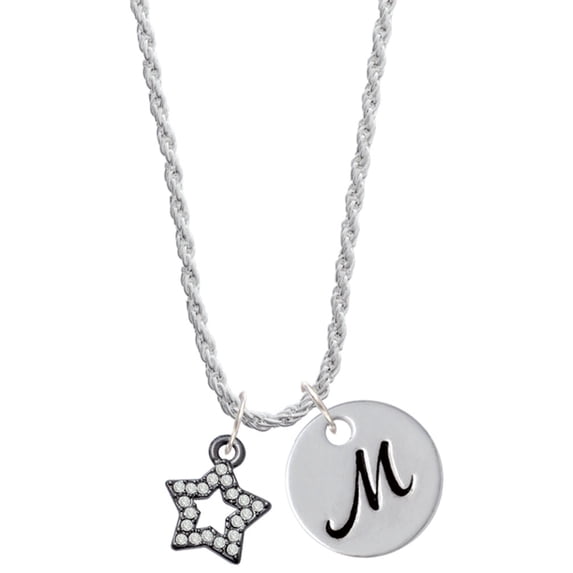 Delight Jewelry Black Nickeltone Clear Crystal Lucky Star Silvertone Script Initial Disc - M - Charm Necklace, 20"+3"