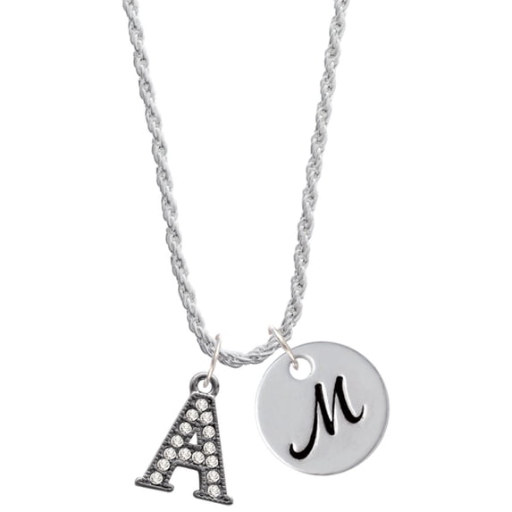 Delight Jewelry Black Nickeltone Crystal Initial - A - Beaded Border - Silvertone Script Initial Disc - M - Charm Necklace, 20"+3"