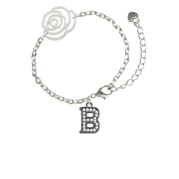 Delight Jewelry Black Nickeltone Crystal Initial - B - Beaded Border - Silver-tone Flower Link Chain Bracelet, 6.75"+2" Extender