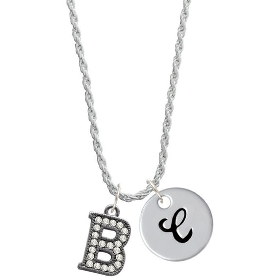 Delight Jewelry Black Nickeltone Crystal Initial - B - Beaded Border - Silvertone Script Initial Disc - C - Charm Necklace, 20"+3"