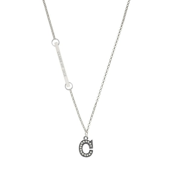 Delight Jewelry Black Nickeltone Crystal Initial - C - Beaded Border - Silvertone Class of 2026 Delicate Bar Necklace, 18.75"