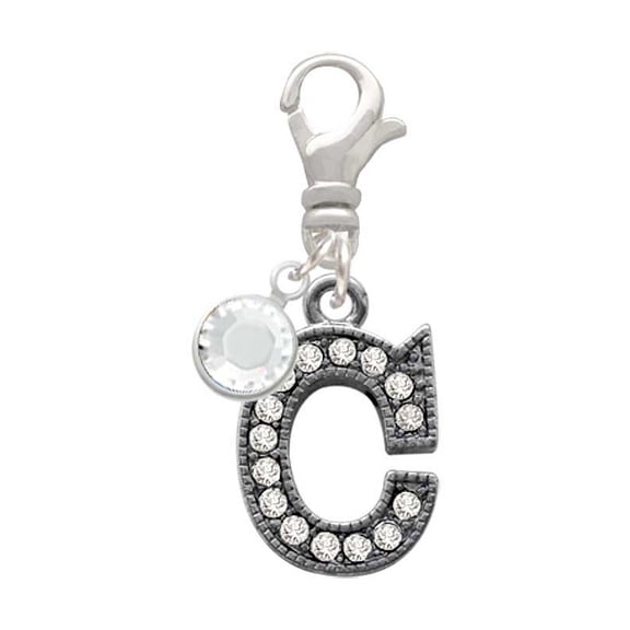Delight Jewelry Black Nickeltone Crystal Initial - C - Beaded Border - - Silvertone Clip on Charm with Clear Crystal Drop