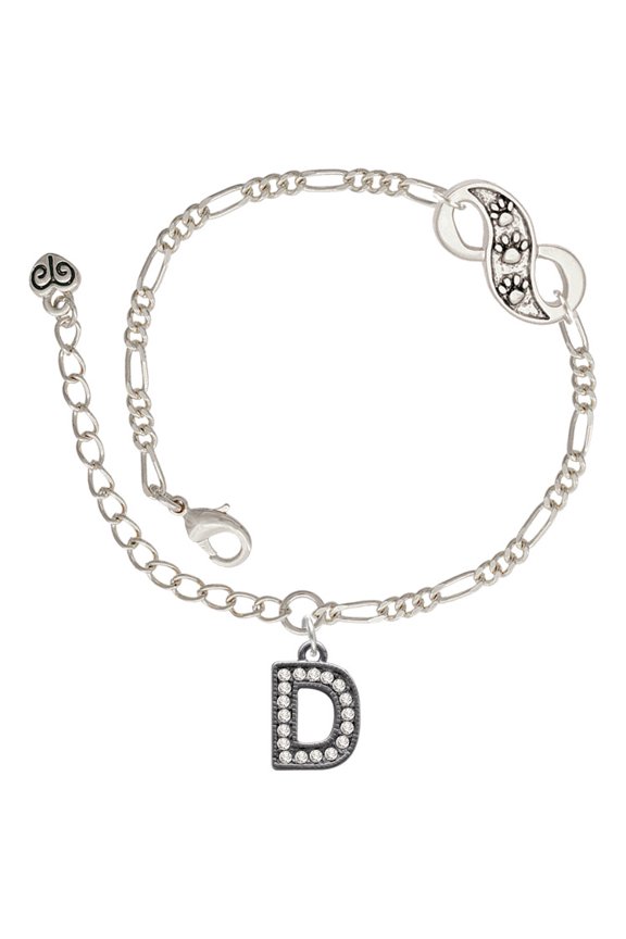 Black Nickeltone Crystal Initial - D - Beaded Border - Silver-tone Paw Infinity Link Chain Bracelet, 6"+2" Extender