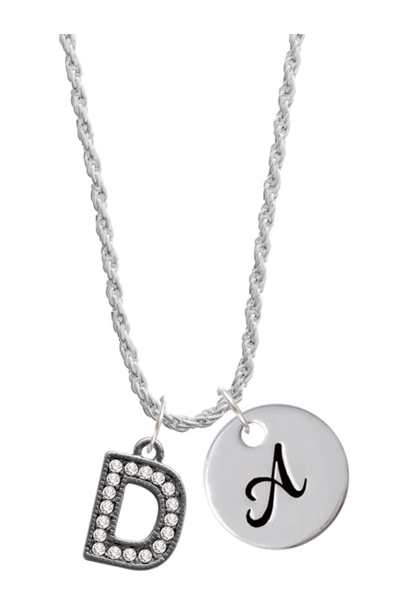 Black Nickeltone Crystal Initial - D - Beaded Border - Silvertone Script Initial Disc - A - Charm Necklace, 20"+3"