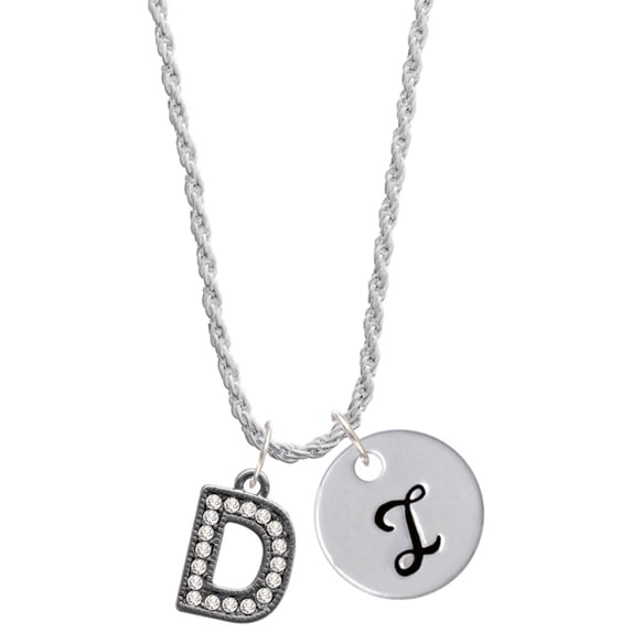 Delight Jewelry Black Nickeltone Crystal Initial - D - Beaded Border - Silvertone Script Initial Disc - I - Charm Necklace, 20"+3"