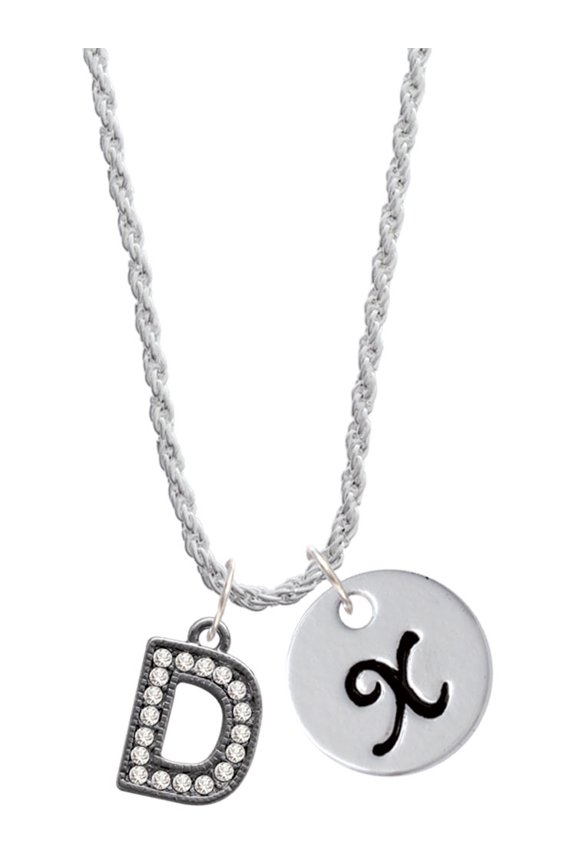 Black Nickeltone Crystal Initial - D - Beaded Border - Silvertone Script Initial Disc - X - Charm Necklace, 20"+3"
