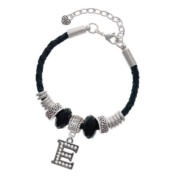 Delight Jewelry Black Nickeltone Crystal Initial - E - Beaded Border - Best Friend Celtic Knot Leather Bead Bracelet, 7"+2" Extender