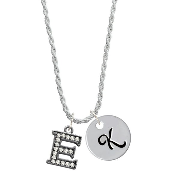 Delight Jewelry Black Nickeltone Crystal Initial - E - Beaded Border - Silvertone Script Initial Disc - K - Charm Necklace, 20"+3"