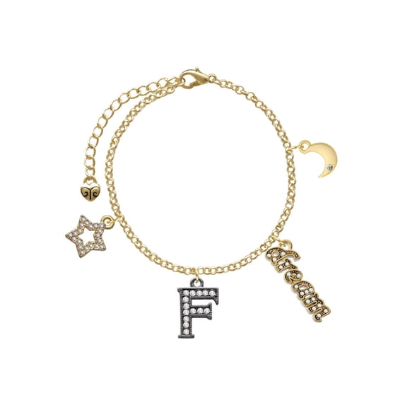 Delight Jewelry Black Nickeltone Crystal Initial - F - Beaded Border - Goldtone Dream Big Charm Bracelet, 7.5+2" Extender