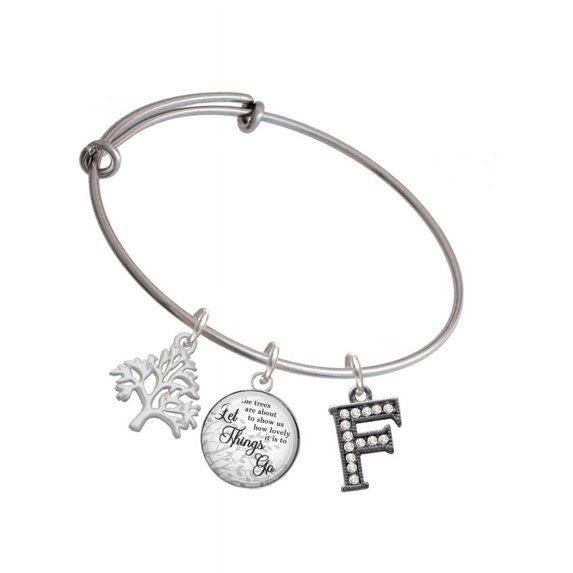 Delight Jewelry Black Nickeltone Crystal Initial - F - Beaded Border - Silvertone Let Things Go Tree Charm Bangle Bracelet