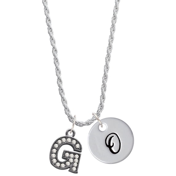 Delight Jewelry Black Nickeltone Crystal Initial - G - Beaded Border - Silvertone Script Initial Disc - O - Charm Necklace, 20"+3"