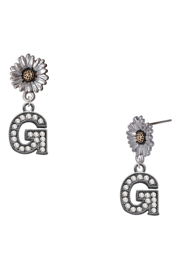 Black Nickeltone Crystal Initial - G - Beaded Border - Two-tone Daisy Flower Post Earrings