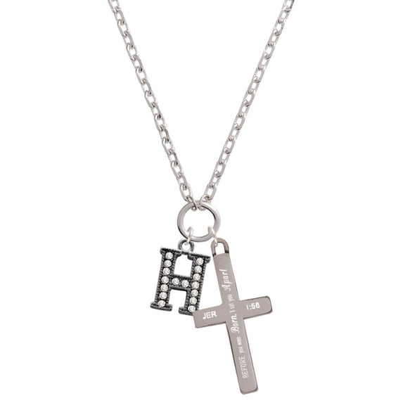 Delight Jewelry Black Nickeltone Crystal Initial - H - Beaded Border - I Set You Apart Engraved Cross Zoey Necklace, 28"