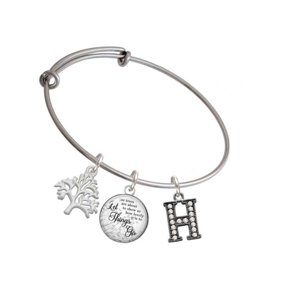 Delight Jewelry Black Nickeltone Crystal Initial - H - Beaded Border - Silvertone Let Things Go Tree Charm Bangle Bracelet