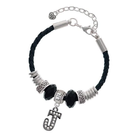 Delight Jewelry Black Nickeltone Crystal Initial - J - Beaded Border - Lil Sister Celtic Knot Leather Bead Bracelet, 7"+2" Extender
