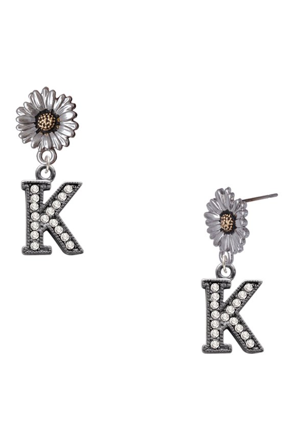 Black Nickeltone Crystal Initial - K - Beaded Border - Two-tone Daisy Flower Post Earrings