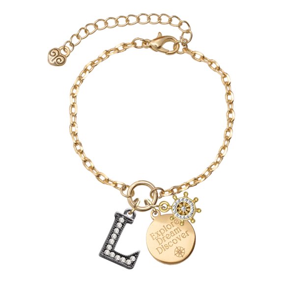 Delight Jewelry Black Nickeltone Crystal Initial - L - Beaded Border - Goldtone Discover Dream Explore Zoey Charm Bracelet, 6.5+2" Extender