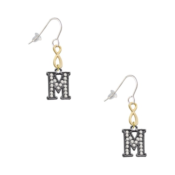 Delight Jewelry Black Nickeltone Crystal Initial - M - Beaded Border - Gold Tone Infinity French Earrings