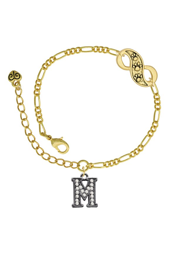 Black Nickeltone Crystal Initial - M - Beaded Border - Gold-tone Paw Infinity Link Chain Bracelet, 6"+2" Extender