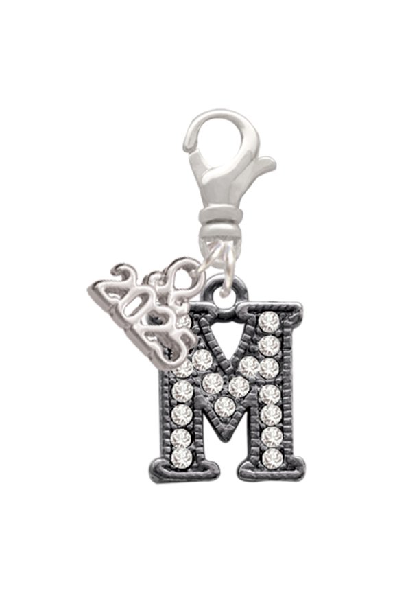 Black Nickeltone Crystal Initial - M - Beaded Border - Silver-tone Clip on Charm with Mini Year 2025