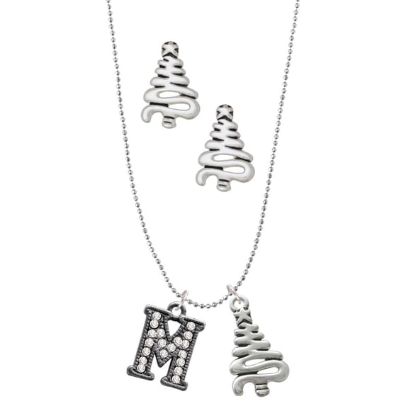 Delight Jewelry Black Nickeltone Crystal Initial - M - Beaded Border - Silver tone Zig Zag Christmas Tree Charm Necklace and Stud Earrings