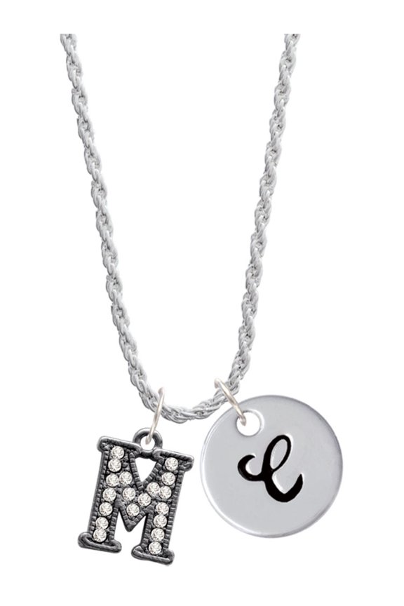 Black Nickeltone Crystal Initial - M - Beaded Border - Silvertone Script Initial Disc - C - Charm Necklace, 20"+3"
