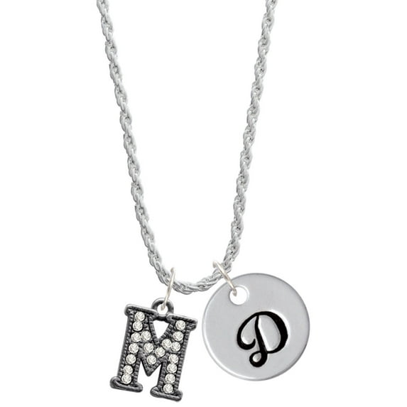 Delight Jewelry Black Nickeltone Crystal Initial - M - Beaded Border - Silvertone Script Initial Disc - D - Charm Necklace, 20"+3"