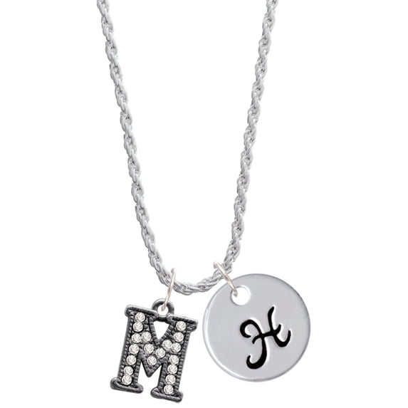 Delight Jewelry Black Nickeltone Crystal Initial - M - Beaded Border - Silvertone Script Initial Disc - H - Charm Necklace, 20"+3"