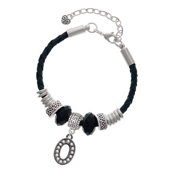 Delight Jewelry Black Nickeltone Crystal Initial - O - Beaded Border - Best Friend Celtic Knot Leather Bead Bracelet, 7"+2" Extender