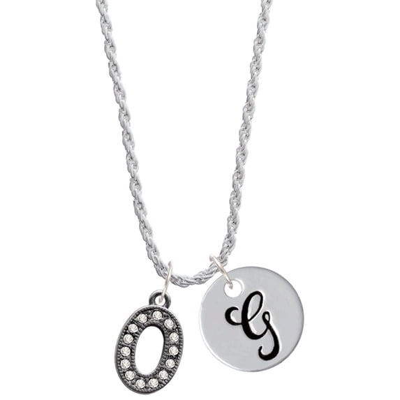 Delight Jewelry Black Nickeltone Crystal Initial - O - Beaded Border - Silvertone Script Initial Disc - G - Charm Necklace, 20"+3"