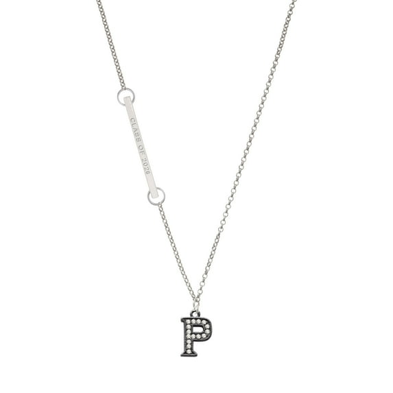 Delight Jewelry Black Nickeltone Crystal Initial - P - Beaded Border - Silvertone Class of 2026 Delicate Bar Necklace, 18.75"