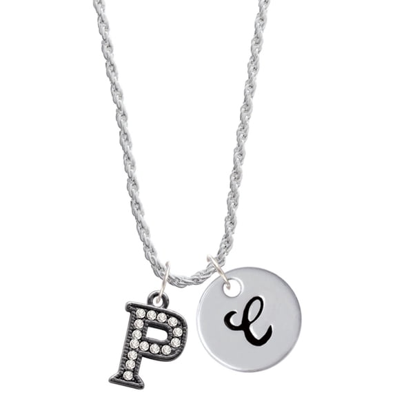 Delight Jewelry Black Nickeltone Crystal Initial - P - Beaded Border - Silvertone Script Initial Disc - C - Charm Necklace, 20"+3"