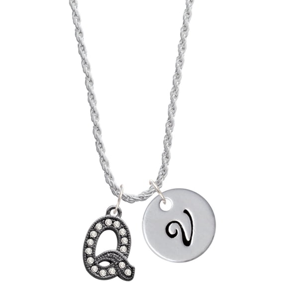 Delight Jewelry Black Nickeltone Crystal Initial - Q - Beaded Border - Silvertone Script Initial Disc - V - Charm Necklace, 20"+3"