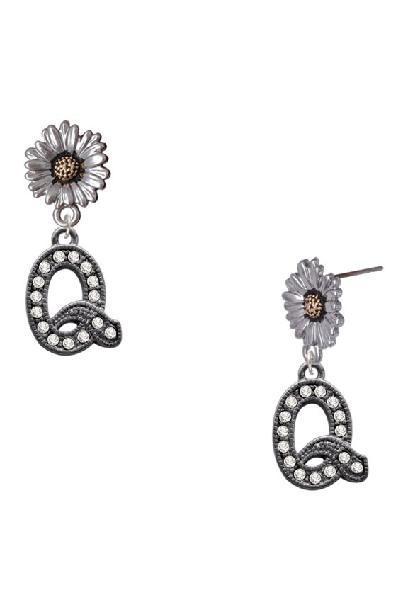 Black Nickeltone Crystal Initial - Q - Beaded Border - Two-tone Daisy Flower Post Earrings