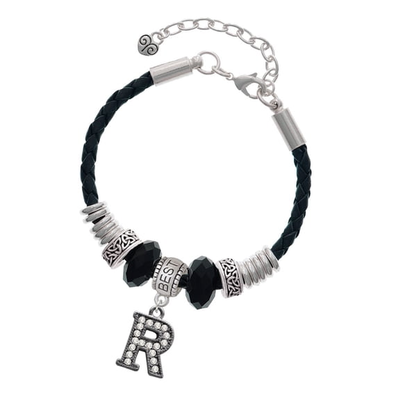 Delight Jewelry Black Nickeltone Crystal Initial - R - Beaded Border - Best Friend Celtic Knot Leather Bead Bracelet, 7"+2" Extender