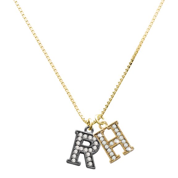Delight Jewelry Black Nickeltone Crystal Initial - R - Beaded Border - Large Goldtone Crystal Initial - H - Charm Necklace, 17.5"+2"