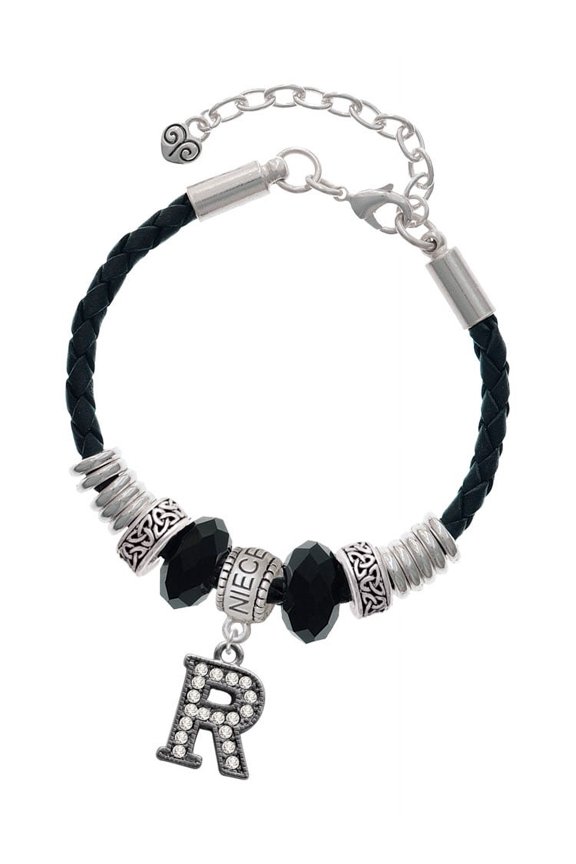 Black Nickeltone Crystal Initial - R - Beaded Border - Niece Celtic Knot Leather Bead Bracelet, 7"+2" Extender